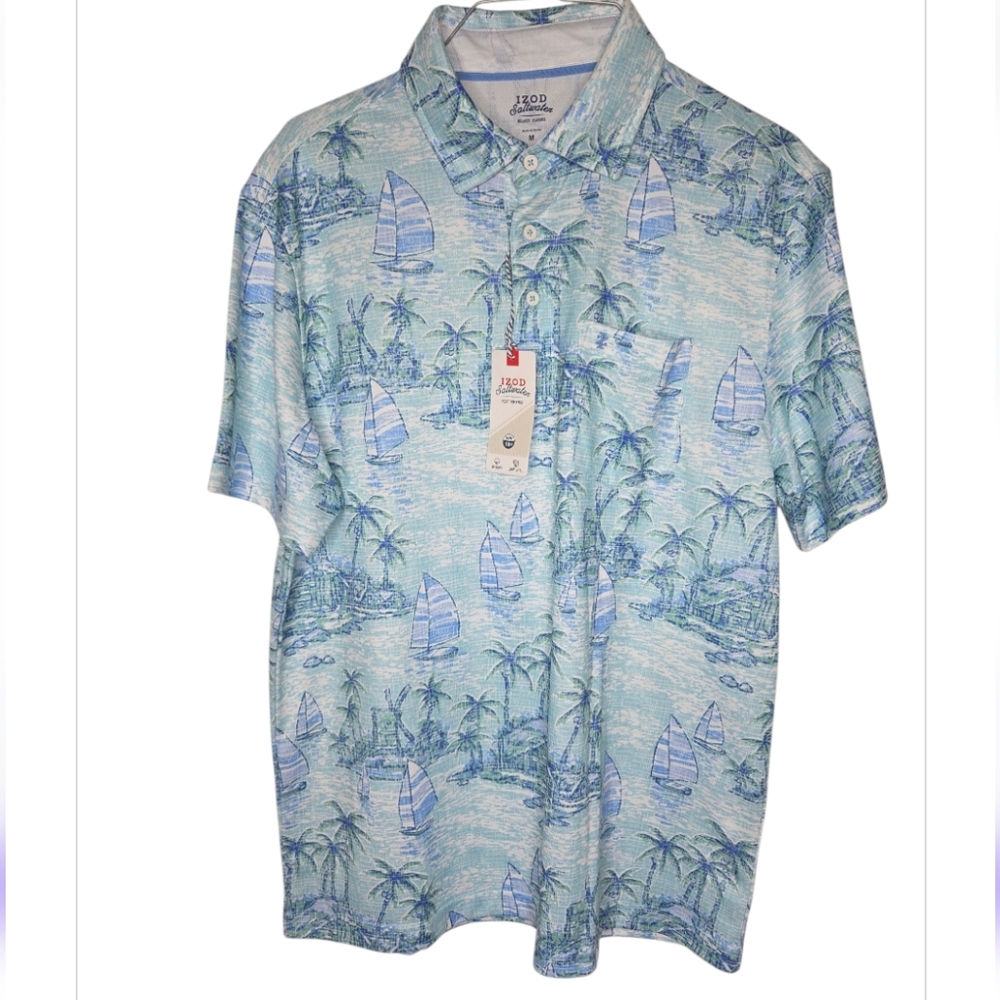 Izod Saltwater Men's Tropical Island Print Stretch Polo Shirt Size M